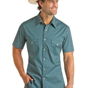 Wrangler Wrancher Western Shirt Mens Green White Cotton Classic Pearl Snap